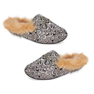 INC Mule Slippers Faux Fur Silver Jacquard Print Medium Size 7/8